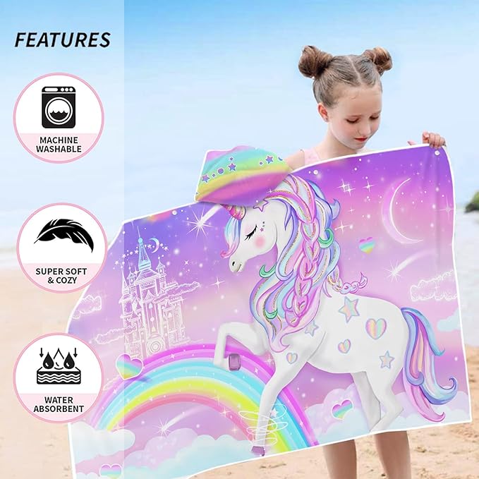 Unicorn Beach Towel, Unicorn Towel for Girls with Hood, Rainbow Unicorn Hooded Towel for Kids 30" x 50", Cute Cartoon Microfiber Absorbent Soft Bath Towel Poncho Bathrobe for Swin Pool