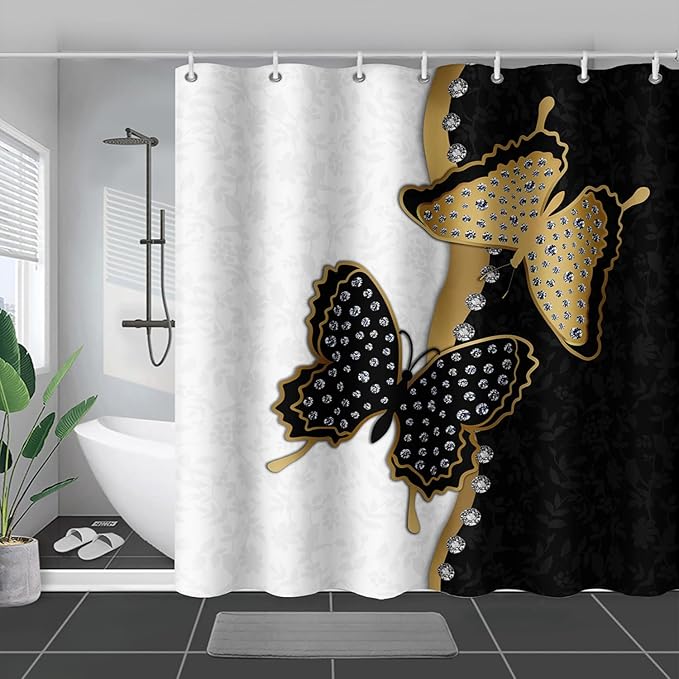 AILONEN Butterfly Shower Curtain for Bathroom Black and White Floral Printed Butterfly Bath Curtain 72" W*72" H Polyester Fabric Waterproof Bathroom Curtain with 12 Hooks