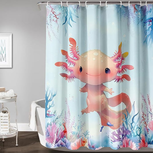 AILONEN Axolotl Shower Curtain for Bathroom,Watercolor Axolotl Coral Bath Curtain for Kids Girls,Ocean Animal Salamander Blue Shower Curtain Decoration Waterproof with 12 Plastic Hooks, 72" W*96" H