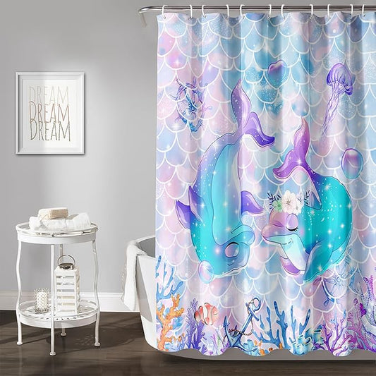 AILONEN Cute Dolphin Shower Curtain,Kawaii Ocean Dolphin Bathroom Curtain for Kids Girls Women,Cartoon Fish Scale Mermaid Bath Curtain 36" W*72" H Polyester Waterproof Shower Curtain with 12 Hooks