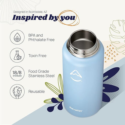 Revelist Sports Water Bottle - 32 Oz, 3 Lids (Straw Lid, Spout & Screw Top) with Boot, Vacuum Insulated Stainless Steel, Double Walled, Reusable Water Flask, Metal Canteen - Mist Blue