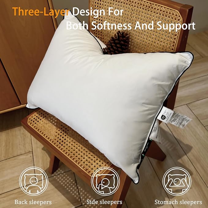 Natural Goose Down Pillows - White Down Pillow Queen Size - 550 Fill Power - Soft and Support Down Bed Pillow for Back,Side,Stomach Sleepers，1 Pack (20" x 28")