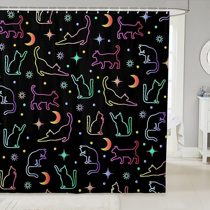 Cartoon Cats Kids Shower Curtains,Sun Moon Starry Sky Outer Space Boho Bathroom Curtains for Girls Boys,Cartoon Pet Animals Silhouettes Colorful Waterproof Curtains,12 Hooks Suits,72"W x 84"L