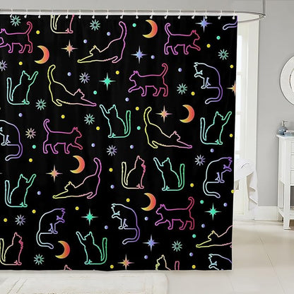 Cartoon Cats Kids Shower Curtains,Sun Moon Starry Sky Outer Space Boho Bathroom Curtains for Girls Boys,Cartoon Pet Animals Silhouettes Colorful Waterproof Curtains,12 Hooks Suits,72"W x 84"L