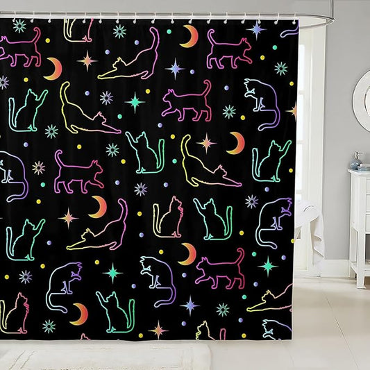 Cartoon Cats Kids Shower Curtains,Sun Moon Starry Sky Outer Space Boho Bathroom Curtains for Girls Boys,Cartoon Pet Animals Silhouettes Colorful Waterproof Curtains,12 Hooks Suits,72"W x 84"L
