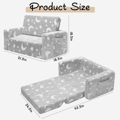 Toddler Chair, Toddler Couch, Kids Couch, Fold Out Kids Sofa Chair, Toddler Convertible Sofa to Lounger Pull Out Couch, Glow in The Dark Sofa Chair for Boys and Girls Large (Grey)…