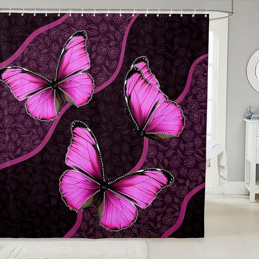 Feelyou Butterfly Shower Curtain 72"x72" Kids Butterflies Botanical Floral Print Bathroom Shower Curtain Set for Boys Girls Teens Geometric Stripes Bath Curtain Pink Bathroom Accessories