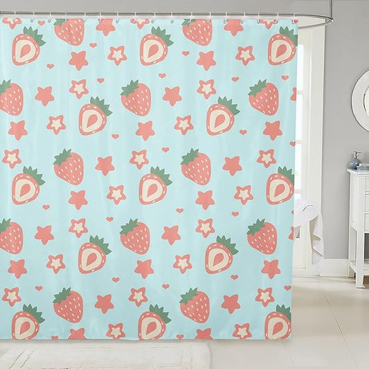 Feelyou Green Strawberry Bathroom Waterproof Accessories with 12 Hooks Kawaii Fruit Fabric Shower Curtain for Kids Boys Girls Cute Stars Strawberry Shower Curtain Kawaii Lovely Curtains,72x72 Inches