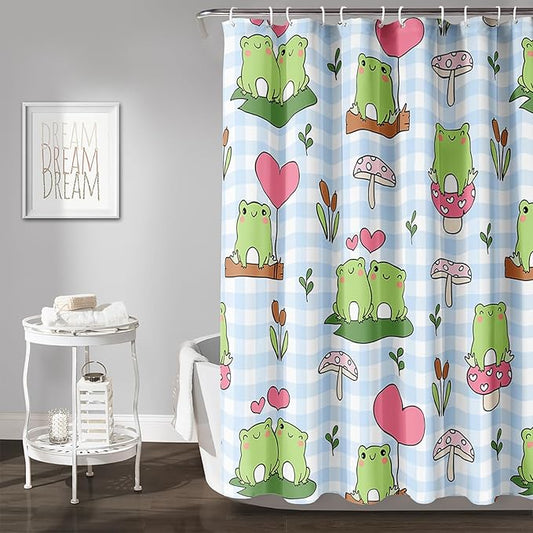 AILONEN Kawaii Frog Shower Curtain,Cute Cartoon Mushroom Frog Bath Curtain,Romantic Frog Couple Hearts Printed Waterproof Blue Stripe Curtain, 36" W x 72" H