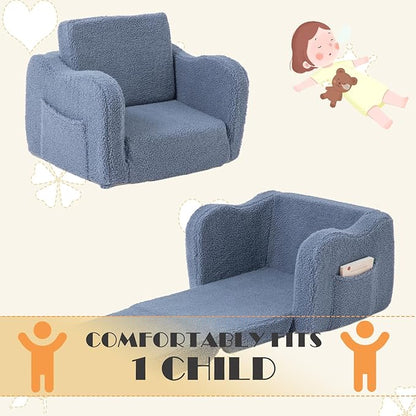 Baby Toddler Sofa Couch for Kids Foldable 2-in-1 Sherpa Fold Out Couch Bed for Playroom, Pull Out Children Convertible Sofa to Lounger Sleeper Chair for Boys & Girls with Double Pockets - Dark Grey