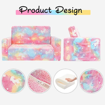 Kids Couch, Fold Out Kids Sofa Chair, Toddler Convertible Sofa to Lounger Pull Out Couch, Glow in The Dark Sofa Chair for Boys and Girls (Pink Large)