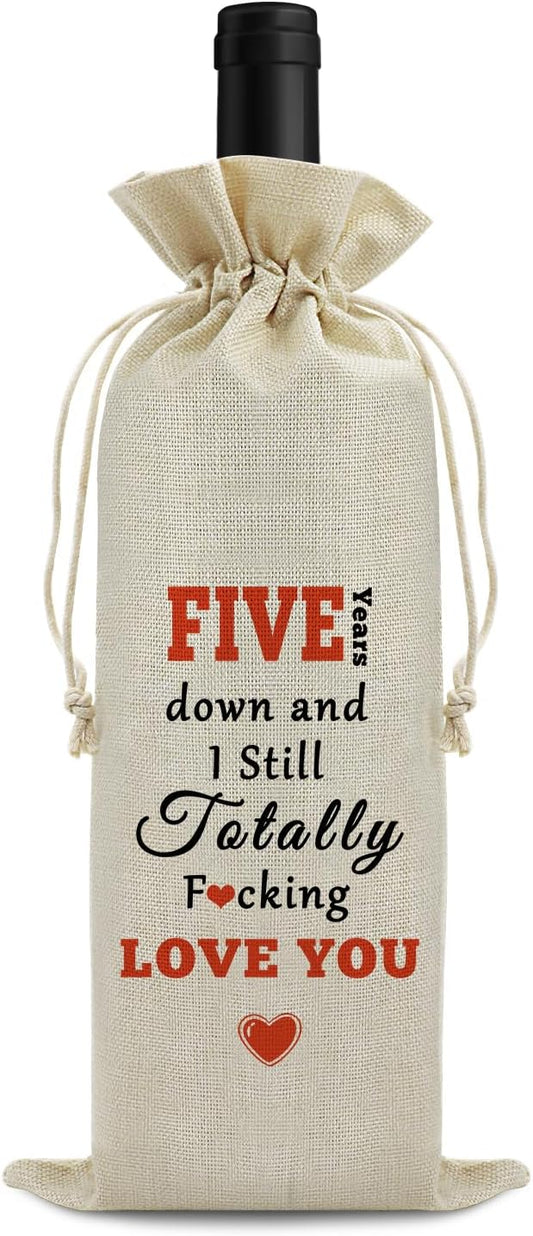 5th Anniversary Wedding Gift for Couple Wine Bag 5 Years of Marriage Gift for Women Men Drawstring Wine Wrapping Bag 5th Anniversary Keepsake Gift Birthday Christmas Valentine Gift Wine Bottle Bag
