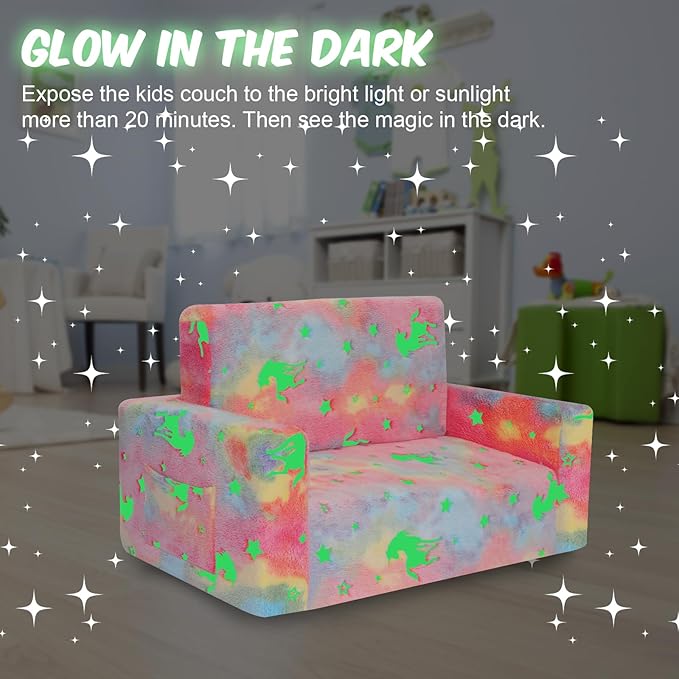 Kids Couch, Fold Out Kids Sofa Chair, Toddler Convertible Sofa to Lounger Pull Out Couch, Glow in The Dark Sofa Chair for Boys and Girls (Pink Large)