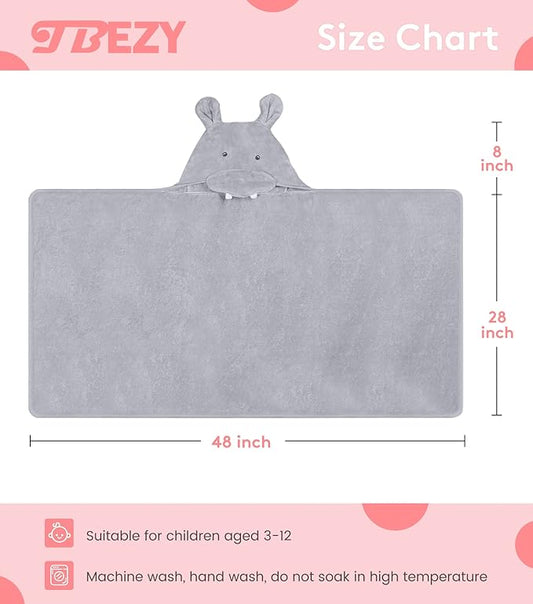 Hooded Towel for Kids 100% Cotton Ultra Soft with Unique Animal Design Large for Infants 3-10 Years (Hippo)