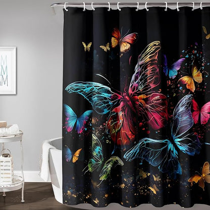 AILONEN Colorful Butterfly Shower Curtain, Tie Dye Butterfly Bath Curtain,Modern Fashion Minimalist Decorative Shower Curtain with 12 Plastic Hooks (Kids/Girls/Women/Teen/) Black 72" W*72" H