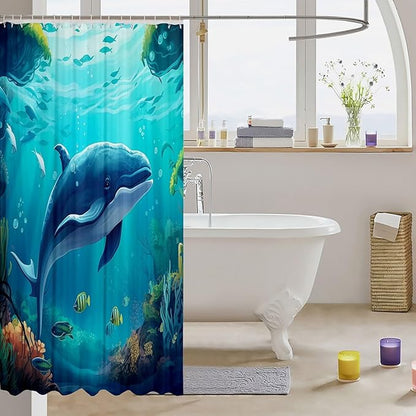 Feelyou Whale Shower Curtain Cute Whale Fabric Shower Curtain for Kids Boys Girls Blue Ocean Theme Bathroom Waterproof Accessories with 12 Hooks Ocean Animal Curtains,72x78 Inches