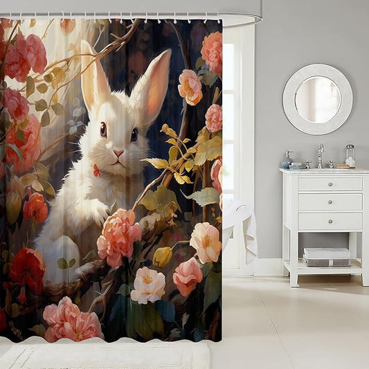 Feelyou Cute Rabbit Fabric Shower Curtain Cute Bunny Shower Curtain for Boys Girls 3D Print Bathroom Waterproof Accessories with 12 Hooks Pink Flower Curtains,72x84 Inches