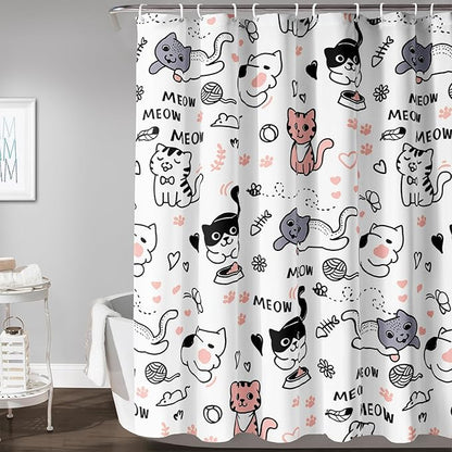 AILONEN Cat Shower Curtain, Cute Cat Cartoon Pet Cat Kitten Bathroom Curtain,Cat Paw Print Cat Lover Bath Curtain 60" W*72" H Polyester Waterproof Bathroom Curtain with 12 Hooks