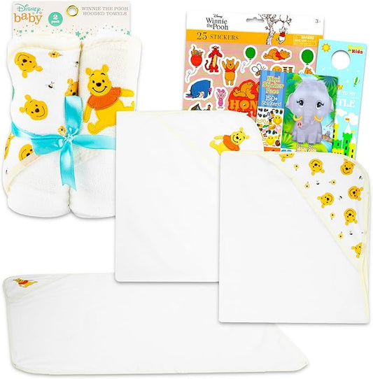 Winnie The Pooh Towels for Babies - Winnie The Pooh Towel Bundle includes Two Winnie The Pooh Hooded Towels, Create-A-Face Sticker Book, More | Winnie The Pooh Towel Set