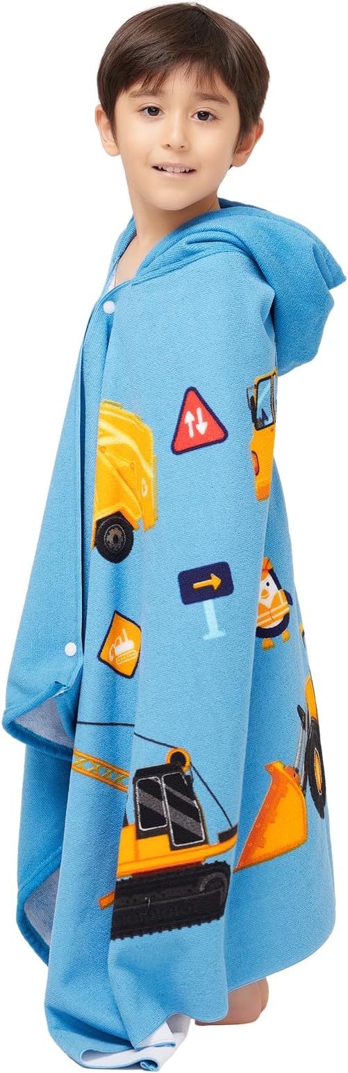 Hooded Towel for Toddlers 5-12 Years Boys Girls Kids Bath Pool Beach Towel Wrap Extra Large Soft Absorbent Beach Poncho(Construction site XL)