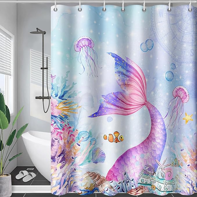 AILONEN Mermaid Shower Curtain,Blue Ocean Coral Jellyfish Coast Bathroom Curtain,Cartoon Mermaid Tail Print Kids Women Girls Bath Curtain 36" W*72" H Polyester Waterproof Shower Curtain with 12 Hooks