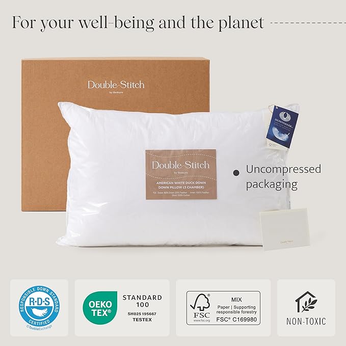 Double Stitch Luxury US White Down Pillow - Made in Canada, 400 Thread Count 100% Cotton Shell, Medium Firm 700 Fill Power Down Bed Pillow, Soft Sleeping Pillow 3-Chamber, King(20" x 36")