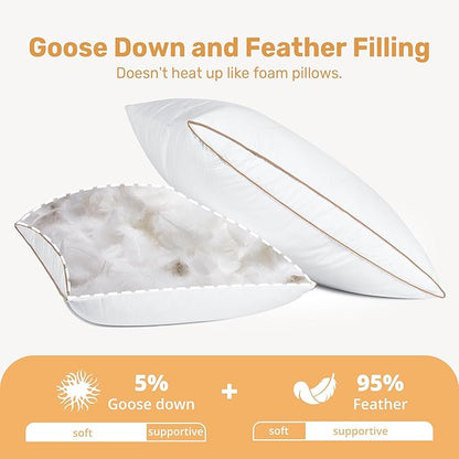 UNIKOME Natural Goose Feathers and Down Pillow - Queen Size Set of 2, Medium Firm Pillow with 100% Cotton Cover, Gussted & Quilting Design Hotel Collection Bed Pillows for Back, Stomach, Side Sleeping