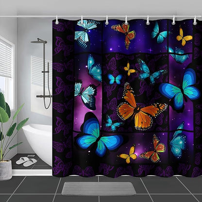 AILONEN Colorful Butterfly Shower Curtain,Animal Shower Curtain 48" W*72" H for Bathroom Decor,Mystic Purple Galaxy Butterfly Modern Shower Curtain Waterproof Bath Curtain with Grommets and 12 Hooks