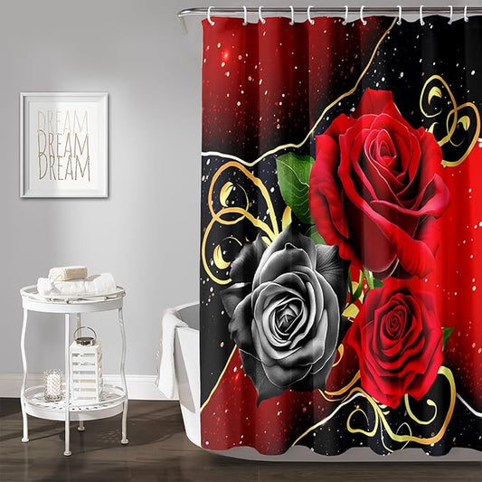 AILONEN Romantic Red Rose Flower Shower Curtain,Red and Black Floral Bath Curtain,Modern Flower Waterproof Curtain for Bathroom Decor, 36" W x 72" H