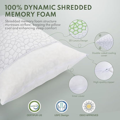 Cooling Pillows Queen Size Set of 2 - Shredded Memory Foam Pillow for Sleeping 2 Pack, Adjustable Cool Bed Pillows for Side, Back, and Stomach Sleepers, Gel Pillow Washable Removable Cover