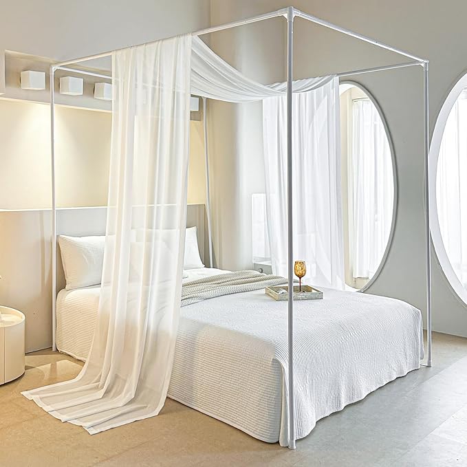 AIKASY White Bed Canopy Scarf for Twin - Luxury Sheer Canopy Bed Curtains with Light - Suitable for Four-Poster Bed, Metal Bed Frame, Wood Bed Frame -1pic