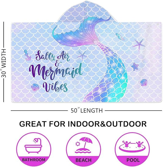 Mermaid Kids Hooded Beach Towel, Mermaid Tail Microfiber Hooded Poncho Towel for Girls 30”x50”, Mermaid Scales Pink Soft Absorbent Bath Towels Bathrobe with Hood for Swin Pool