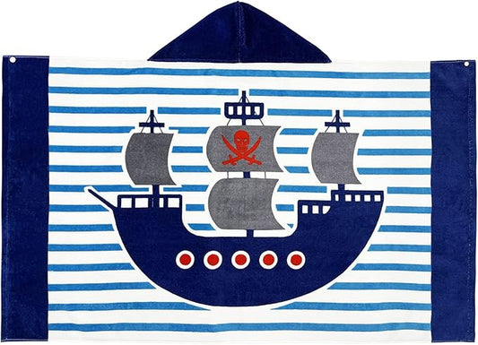 BANGSAUR Kids Hooded Beach Bath Towels, 100% Cotton 50"x30" Wrap Blanket, Toddlers Boys 3-12 Years Coverup Towel Pirate Ship