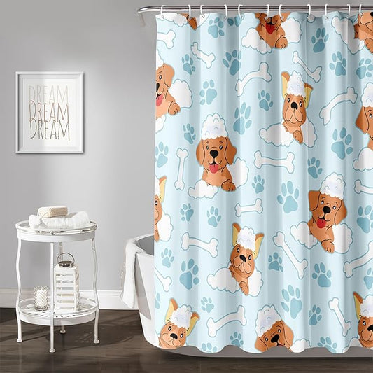 AILONEN Cute Dog Shower Curtain,Cute Bulldog Labrador Dog Print Shower Curtain, 60" W*72" H Waterproof Happy Shower Puppy Dog Lover Curtain with Grommets and 12 Hooks