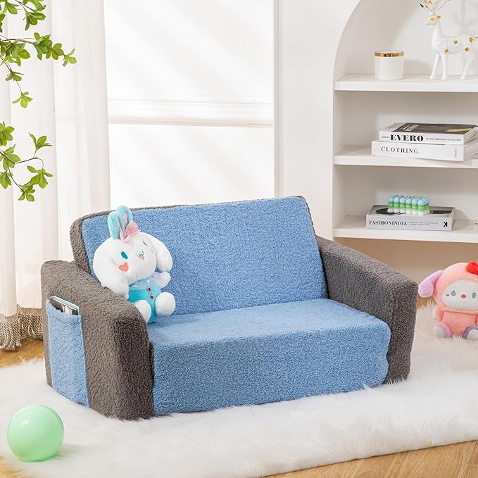Baby Toddler Sofa Couch for Kids Extra Wide 2-in-1 Toddler Sherpa Fold Out Couch Bed for Playroom, Pull Out Children Convertible Sofa to Lounger for Boys and Girls with Double Pockets, Grey-Blue