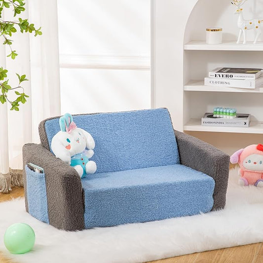 Baby Toddler Sofa Couch for Kids Extra Wide 2-in-1 Toddler Sherpa Fold Out Couch Bed for Playroom, Pull Out Children Convertible Sofa to Lounger for Boys and Girls with Double Pockets, Grey-Blue