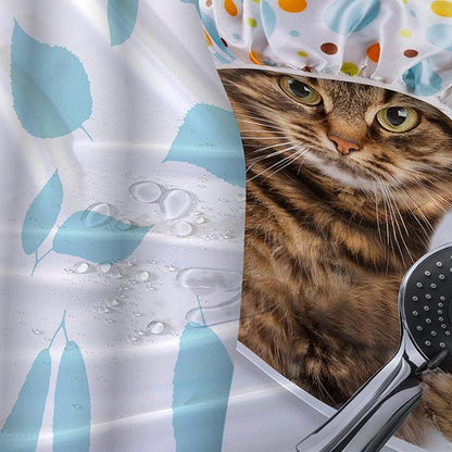 AILONEN Funny Cat with Shower Cap Shower Curtain for Kids 72" W*78" H Inch,Cute Kitten Taking Shower Bathroom Curtain,12 Pack Hooks Polyester Waterproof Fabric Decor for Bathroom,Blue