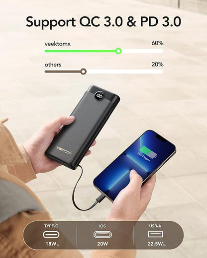 VEEKTOMX Power Bank 30000mAh, 22.5W Fast Charging Portable Charger built in cables, USB C Battery Pack, External Travel Battery Bank Compatible with iPhone, Samsung, Android Devices for Travel(1 Pack)
