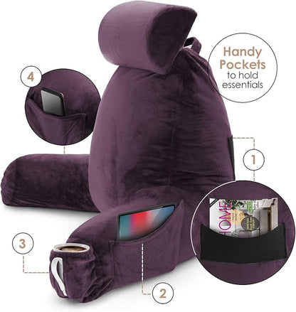 Nestl Reading Pillow Large Bed Pillow, Back Pillow for Sitting in Bed Shredded Memory Foam Chair Pillow, Reading & Bed Rest Pillows Purple Back Pillow for Bed, Bed Chair Arm Pillow with Pockets