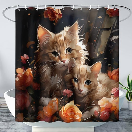 AILONEN 3D Kawaii Cat Shower Curtain,Lovely Kitten Mom and Son Polyester Cloth Bath Curtain Set for Girls Boys,Cute Animal with Flowers Waterproof Shower Curtains for Bathroom, 72" W*84" H