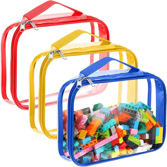 Sanwuta 3 Packs Toy Storage Bags with Zipper, Clear PVC Organizing Bags, Waterproof Toy Bags for Board Games, Building Blocks, Toys and Kids Books (Red, Blue, Yellow,10.24 x 7.09 x 2.36 Inch)