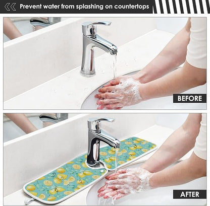 Lemon Turquoise Faucet Water Catcher Mat 2 Pack Flowers Leaves Summer Drying Mat Absorbent Bathroom Faucet Handle Drip Catcher Tray Bar RV Kitchen Sink Splash Guard 30x5 Inches