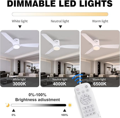52 inch Flush Mount Ceiling Fan White,with Remote,22W Dimmable LED Light,DC Motor,6 Speed,Reversible,Low Profile Ceiling Fan Outdoor Indoor with Memory Function for Bedroom/Patios/Kitchen