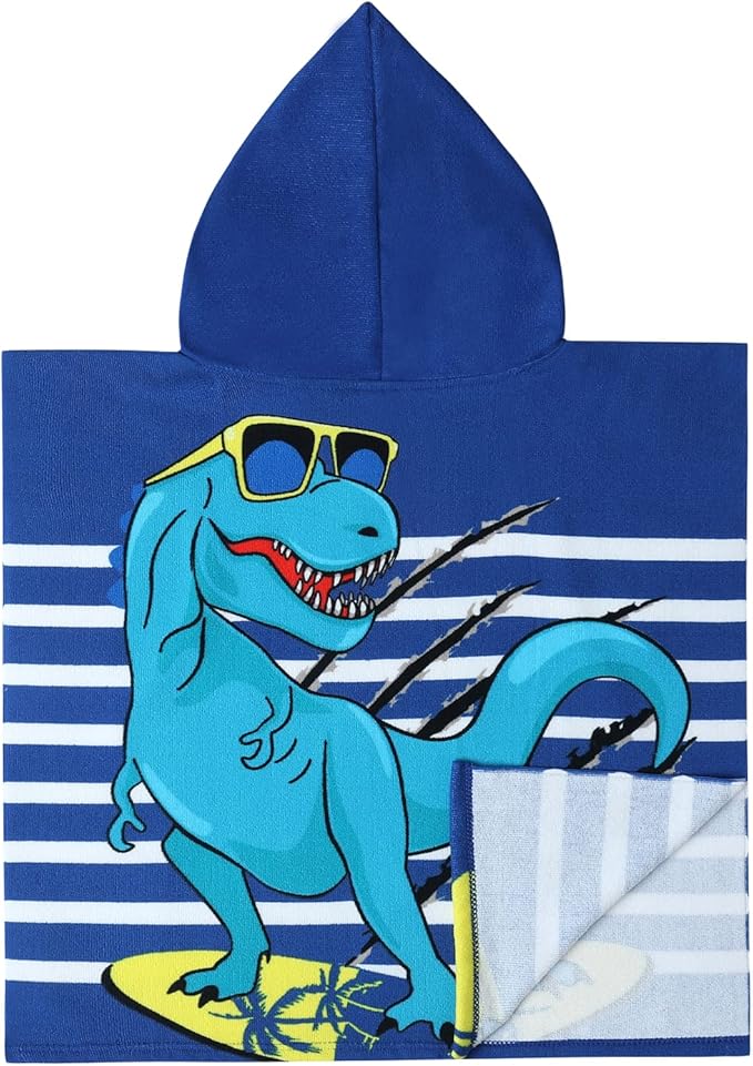 Dinosaur Bath Towel for Toddler Boys, Pool Hooded Towel for Kids, Hooded Bath Beach Towel Poncho for Bath/Pool/Beach Swim Cover with Drawstring Bag (Blue Dinosuar (24x24 inches))