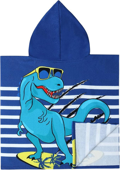 Dinosaur Bath Towel for Toddler Boys, Pool Hooded Towel for Kids, Hooded Bath Beach Towel Poncho for Bath/Pool/Beach Swim Cover with Drawstring Bag (Blue Dinosuar (24x24 inches))