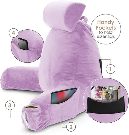 Nestl Reading Pillow Large Bed Pillow, Back Pillow for Sitting in Bed Shredded Memory Foam Chair Pillow, Reading & Bed Rest Pillows Lavender Back Pillow for Bed, Bed Chair Arm Pillow with Pockets