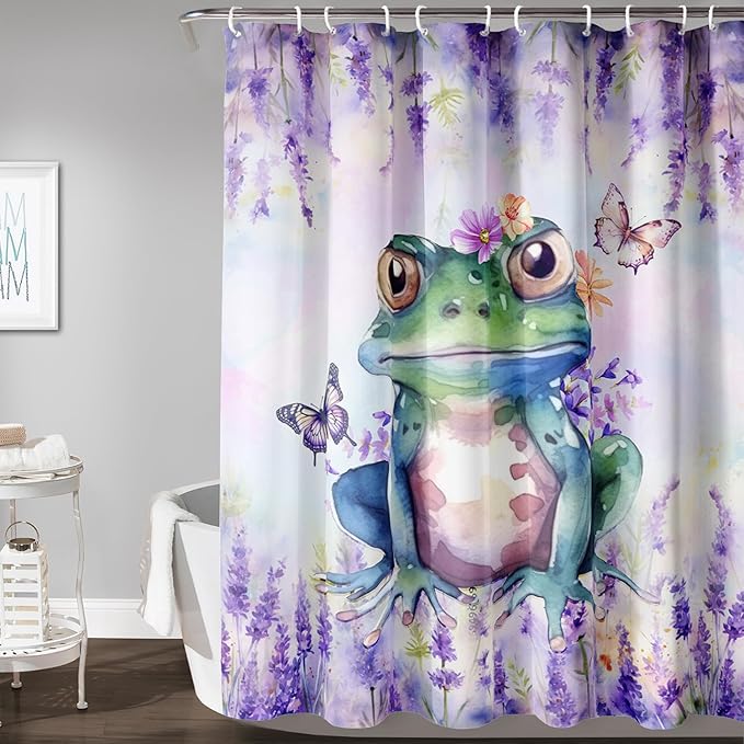 AILONEN Frog Shower Curtain, Tie Dye Lavender Flower Bath Curtain,Tie Dye Frog Bathroom Curtain Decor,Cute Frog Polyester Waterproof 72" W*84" H Shower Curtain (12 Hooks)
