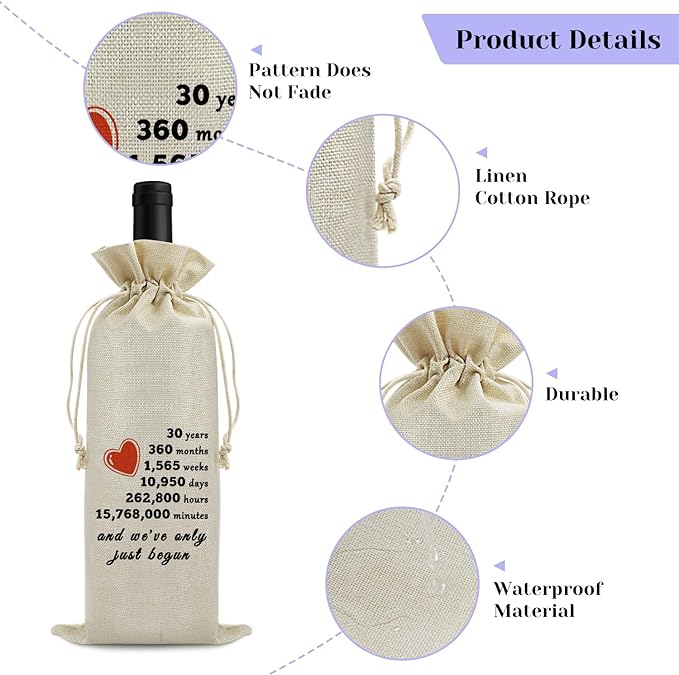 30th Anniversary Wedding Gift for Wife Husband Wine Bag 30th Years of Marriage Gift for Women Men Burlap Wine Wrapping Bag Valentine Christmas Thanksgiving Gifts for Couples Wine Gift Bag