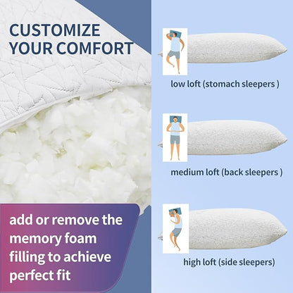 Bed Pillows for Sleeping, Shredded Memory Foam Pillows Adjustable Cooling Pillow for Side Back Stomach Sleepers,King Size Bed Pillow 1 Pack