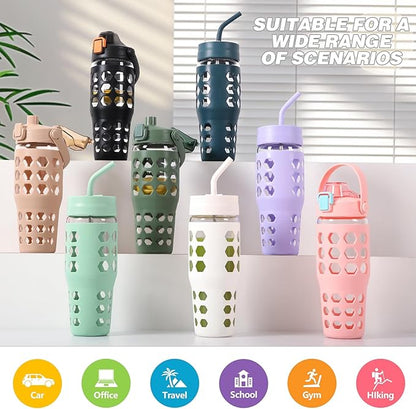 MUKOKO 32 oz Glass Tumbler with Straw,Glass Water Bottles with Time Marker,Iced Coffee Cup with 2 Lids-Handle Spout Lid&Straw Lid,Silicone Sleeve,Leakproof,1 Pack-Purple